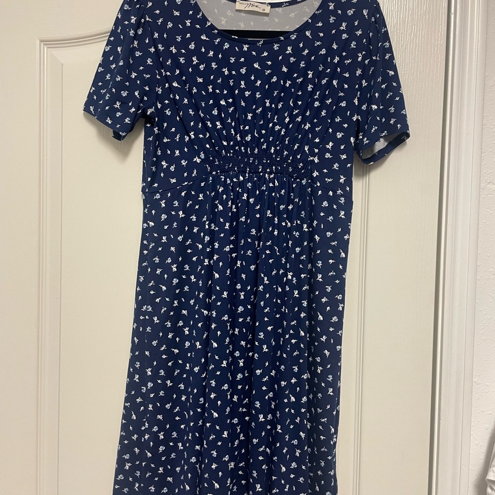 Blue Dress with White Floral Pattern